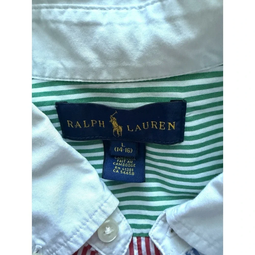 Vintage Ralph Lauren Button Down Boys L Primary Stripe Poplin Embroidered Logo